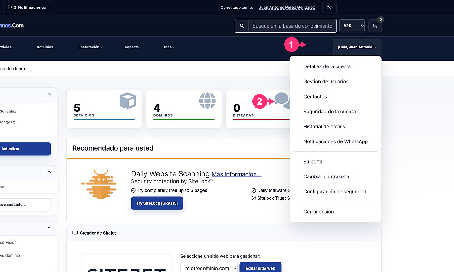 Menu de perfil com a opção Contatos destacada