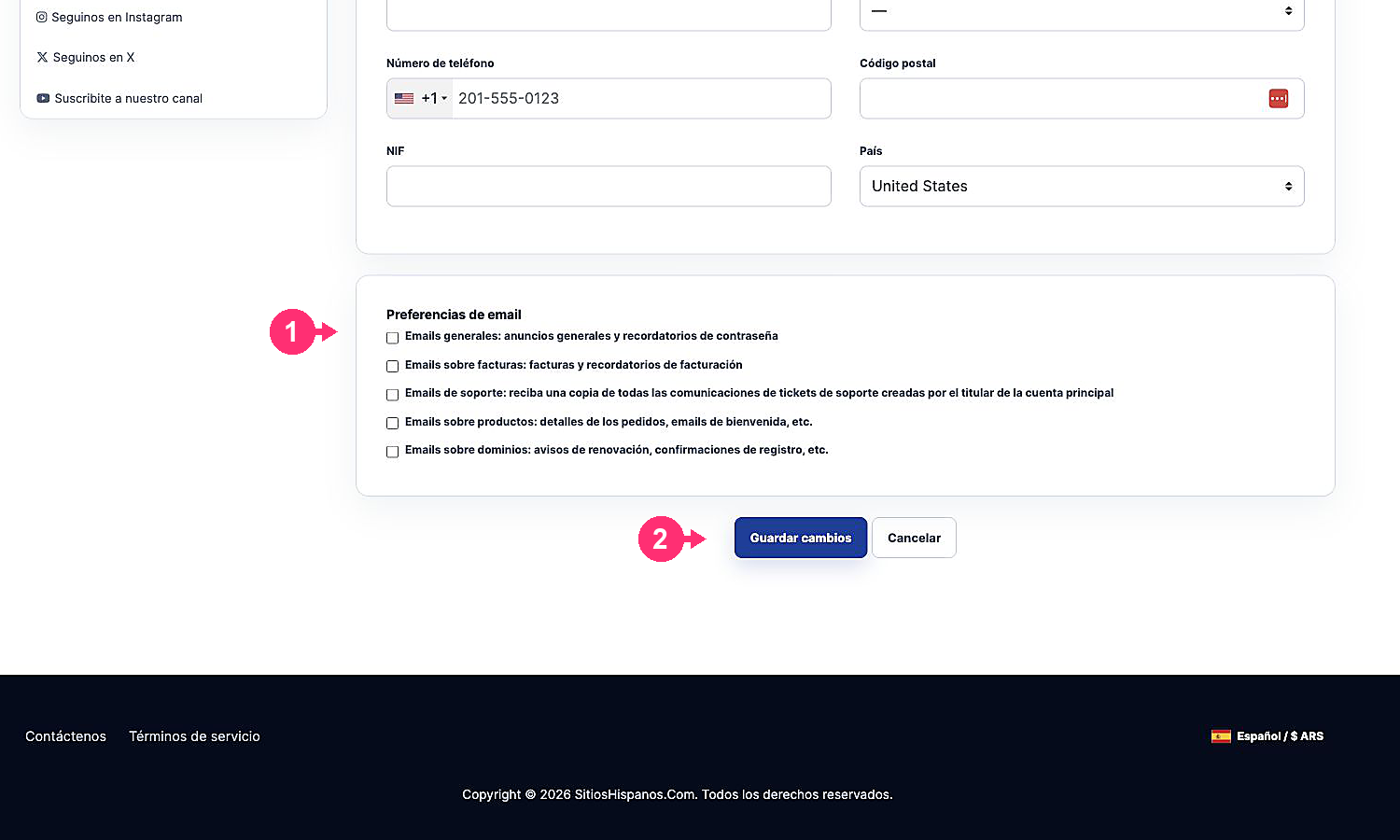 Preferências de e-mail e botão Salvar alterações do novo contato