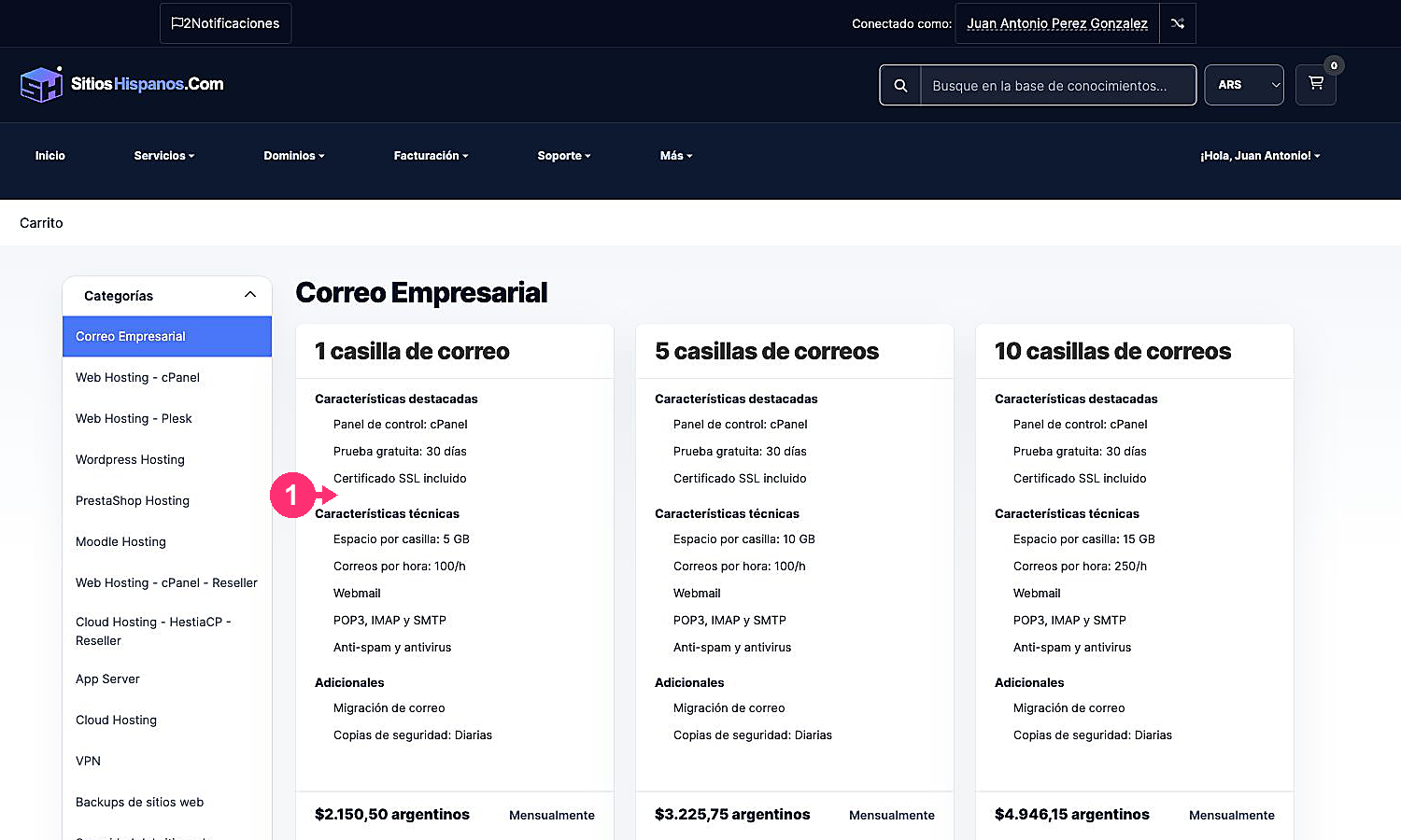 Catálogo de servicios disponible para un cliente existente