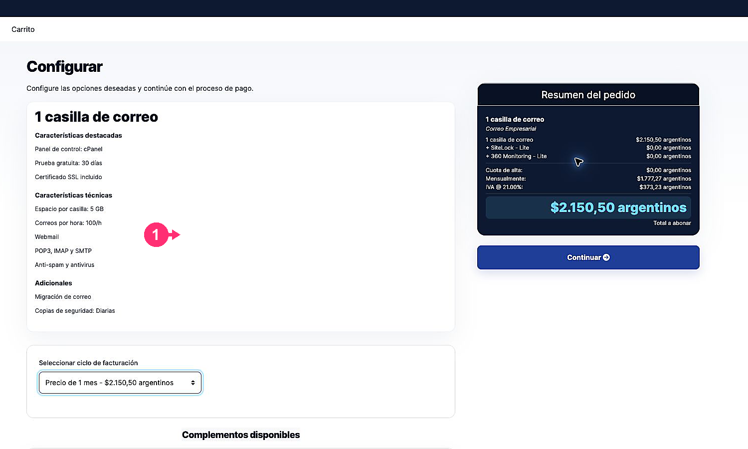 Configuración del servicio antes de agregarlo al carrito
