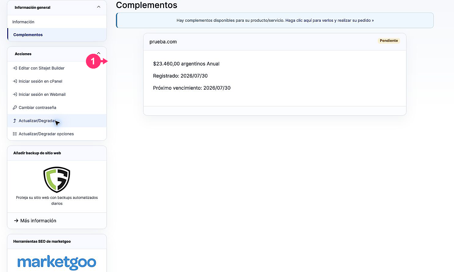 Aba Complementos com um complemento associado ao serviço