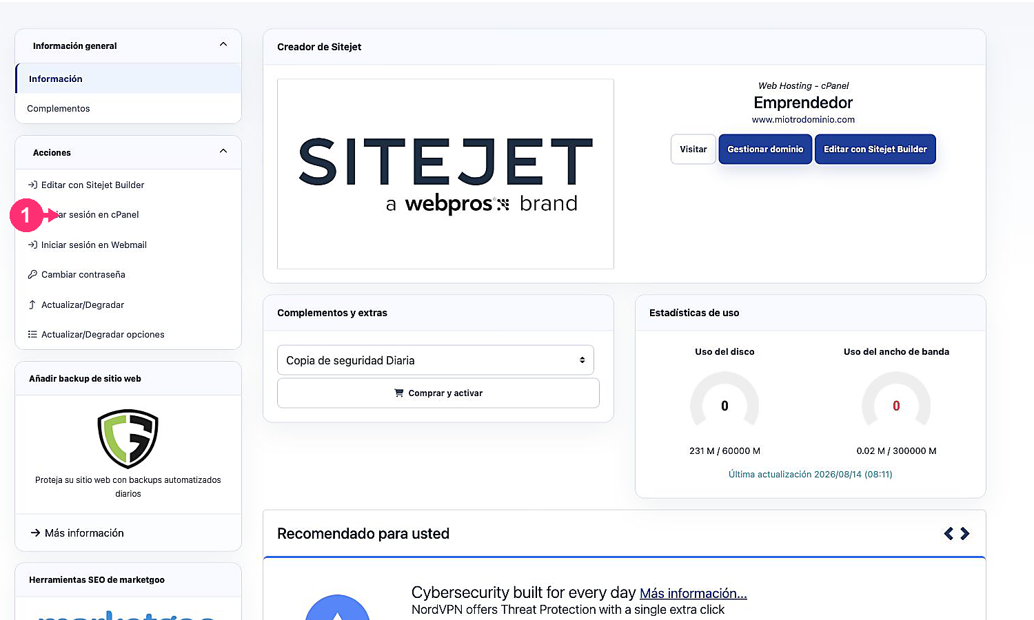 Ação Iniciar sessão no cPanel