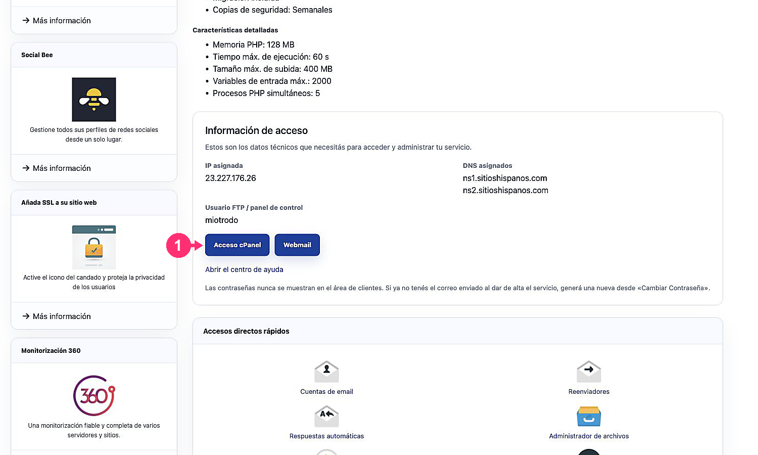 Información técnica y botón Acceso cPanel